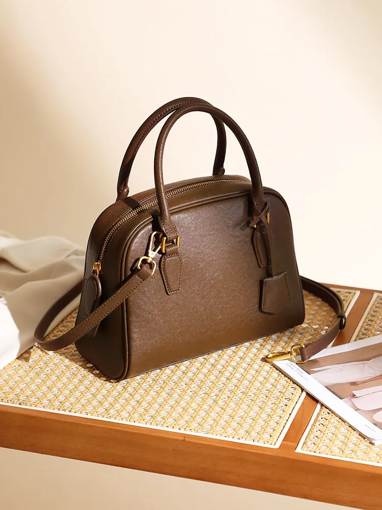 26CM top layer cowhide leather women's large capacity handbag 2905 dark Brown
