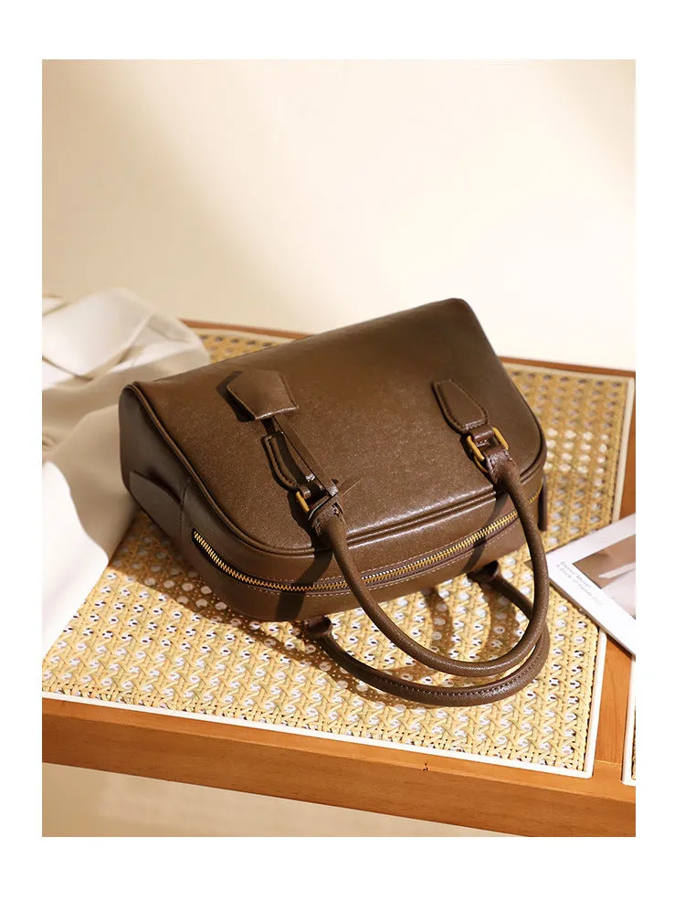 26CM top layer cowhide leather women's large capacity handbag 2905 dark Brown