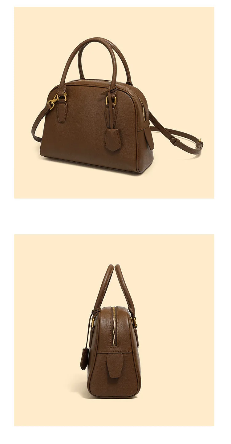 26CM top layer cowhide leather women's large capacity handbag 2905 dark Brown