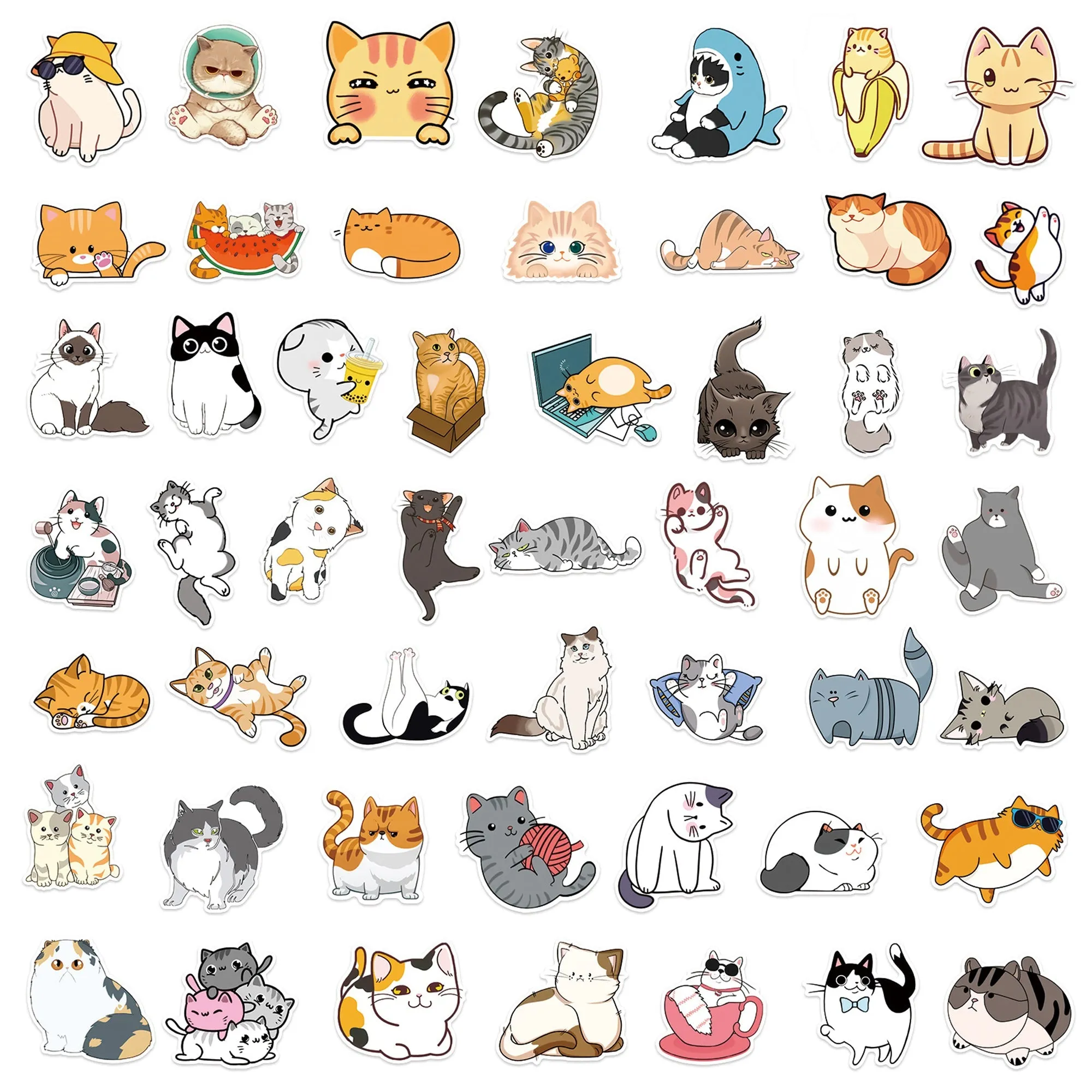 (50 pcs) Cat Stickers Non-toxic Vinyl Stickers for Laptops Water Bottles and More