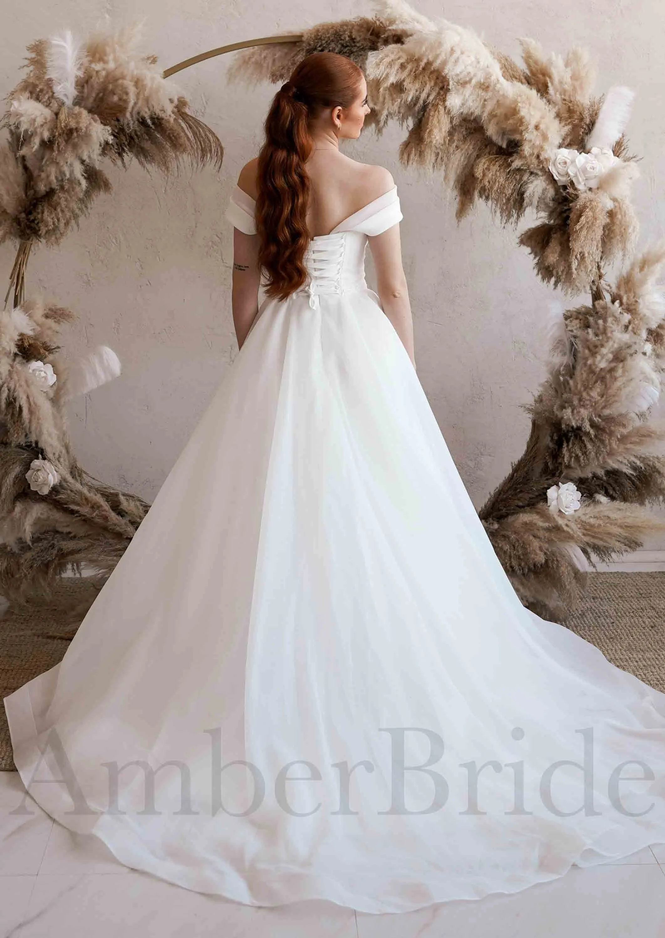 A Line Organza Wedding Dress with Off Shoulder Sweetheart Neckline