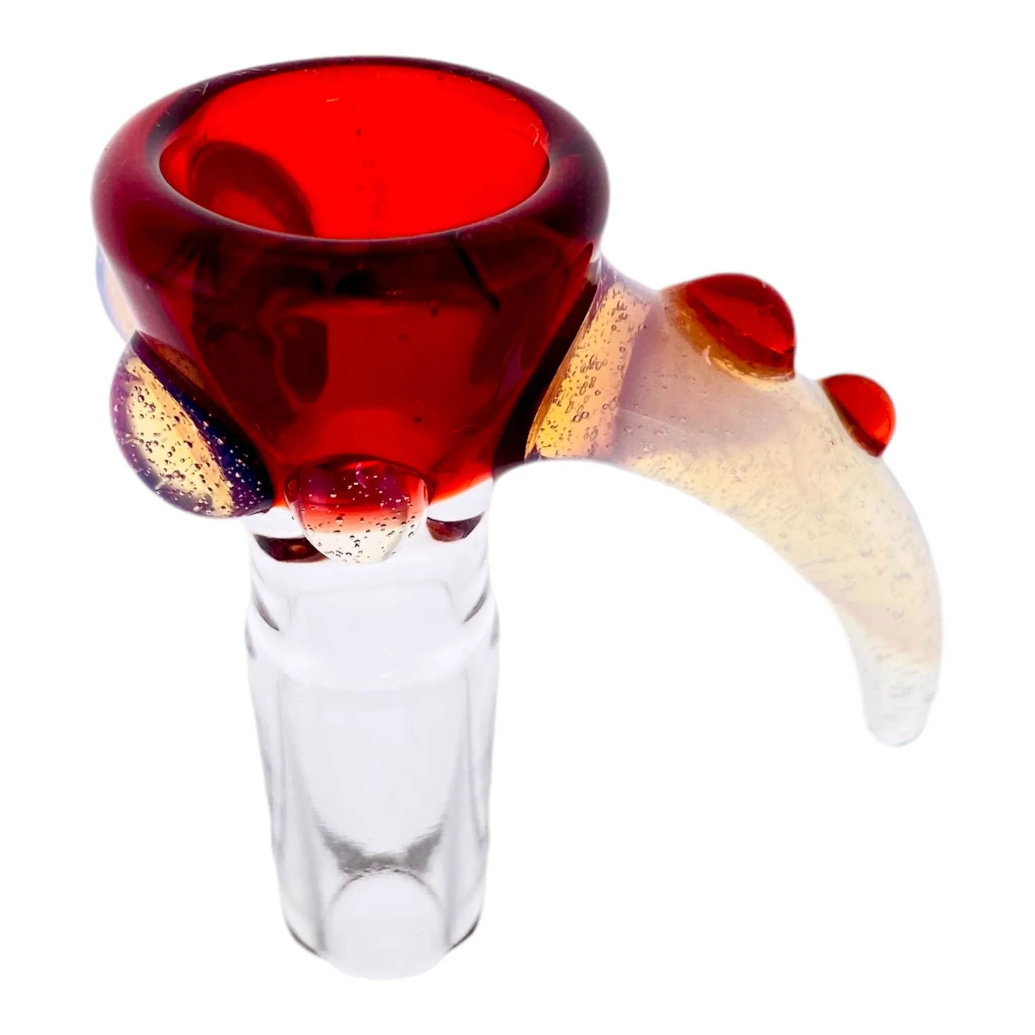 Arko Glass - 14mm Flower Bowl - Crimson Red With Mustic Fume Handle & Dots
