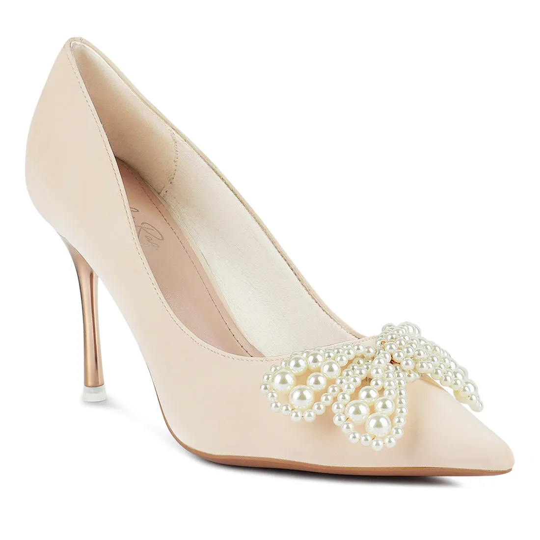 Beige Pointed High Heeled Pearl Flower Sandal