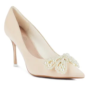 Beige Pointed High Heeled Pearl Flower Sandal