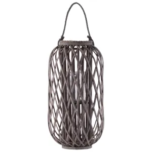 Benzara 23.50 Inch BamBoo Lantern with Lattice Design and Braided Rope Handle,Brown