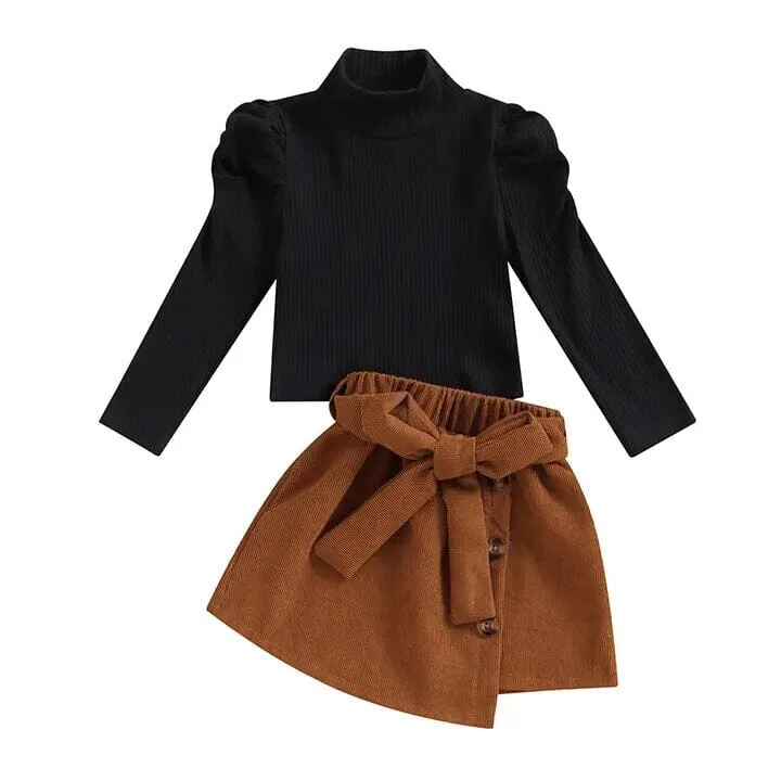 Black Ribbed Top Brown Skirt Toddler Set