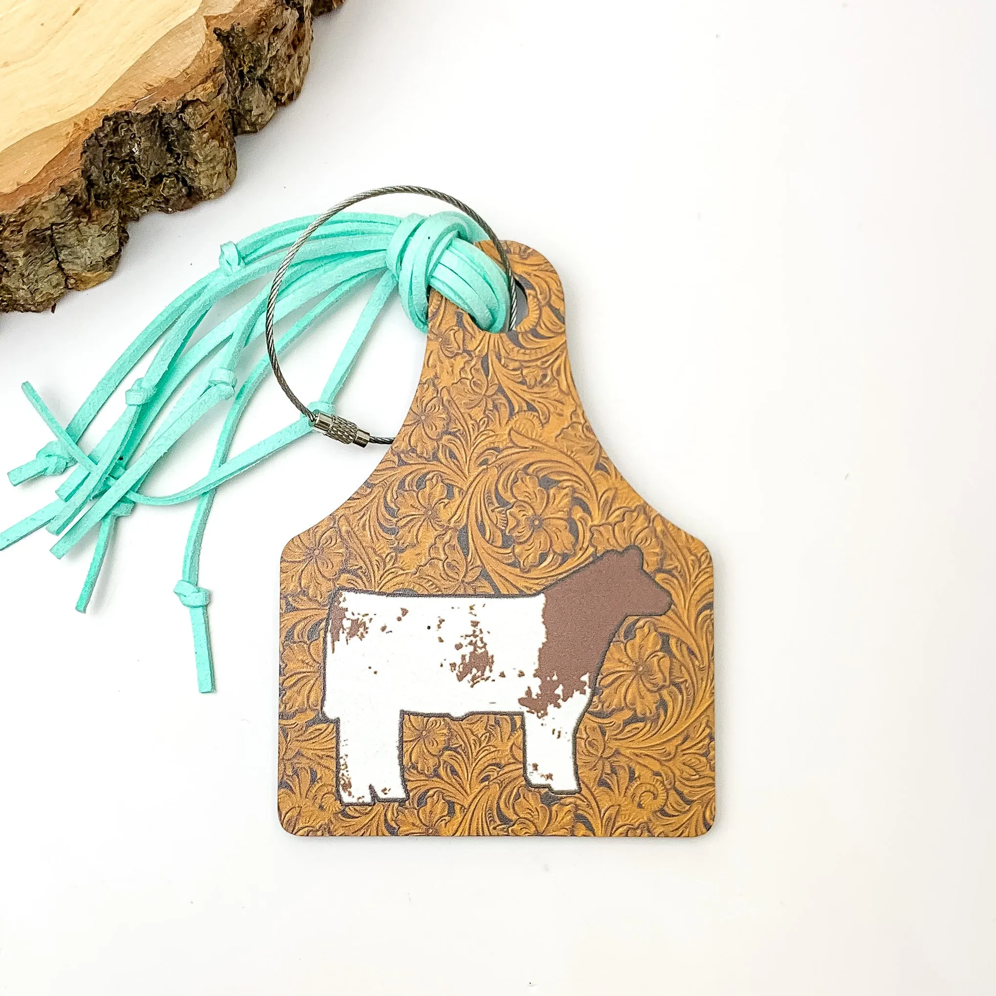 Brown and Turquoise Luggage Tag With Cow Picture