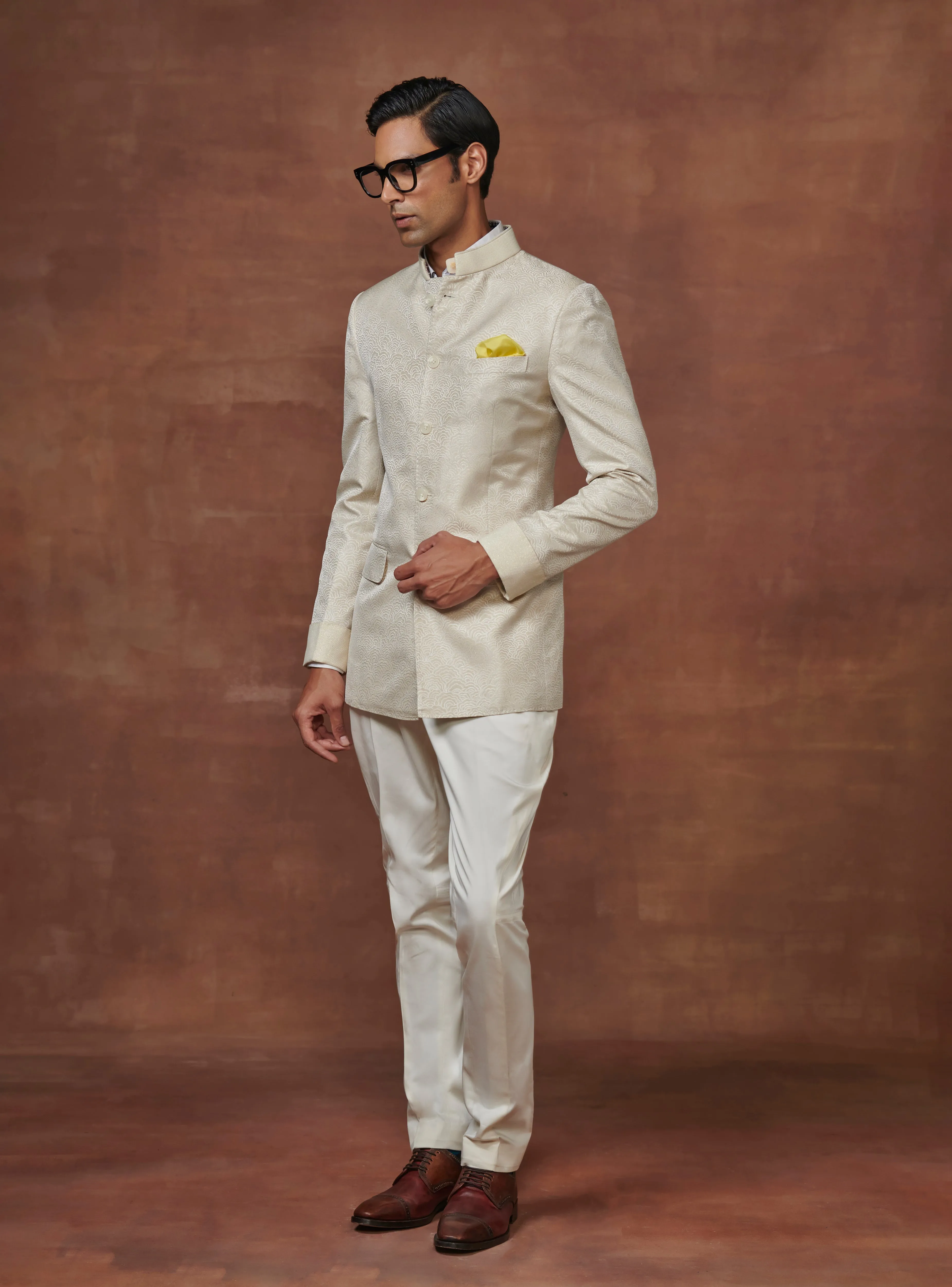 ELITE ELEGANCE THE WHITE JACQUARD BANDHGALA