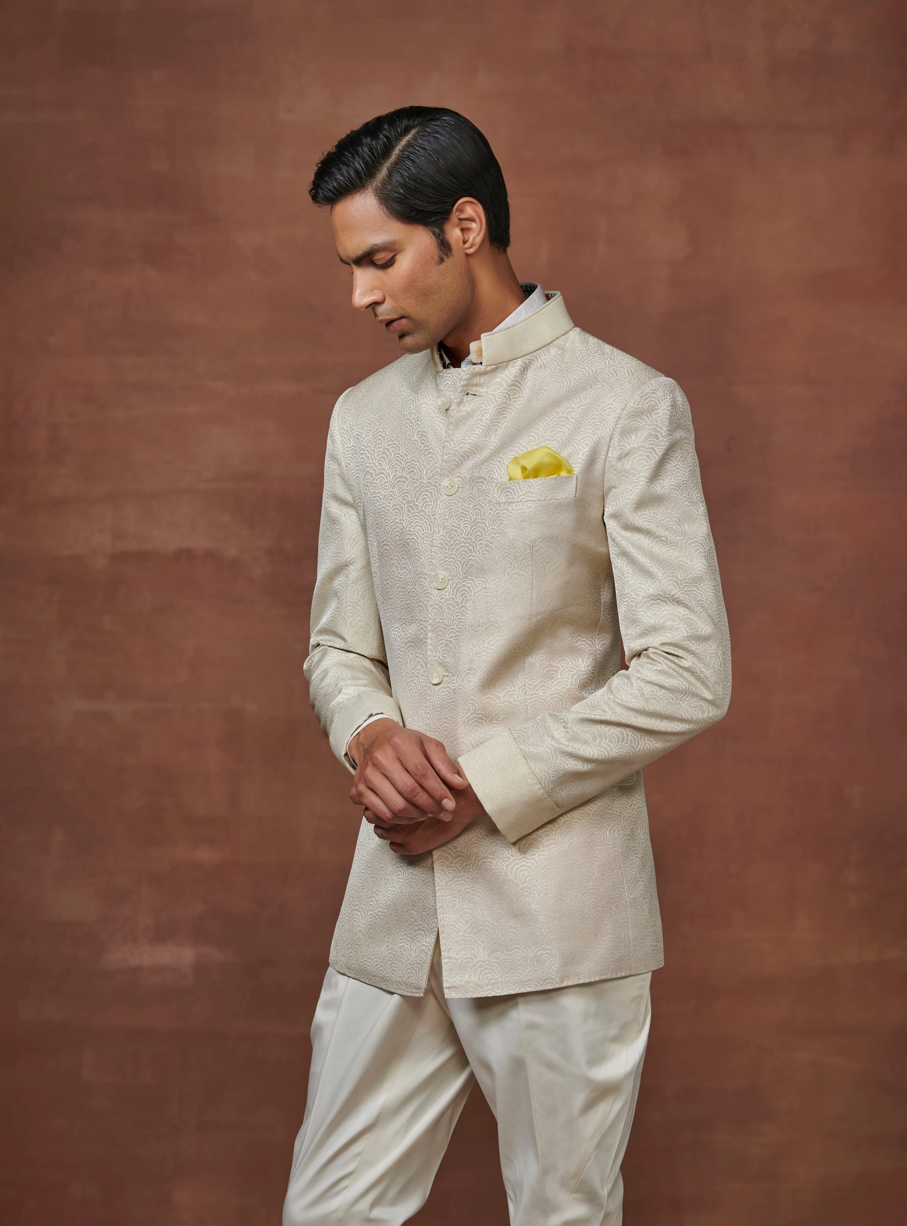ELITE ELEGANCE THE WHITE JACQUARD BANDHGALA