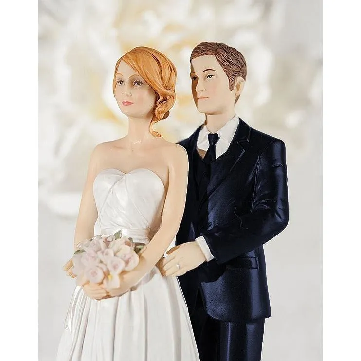Embroidered Silver Bride and Groom Wedding Cake Topper - Groom in Navy Suit
