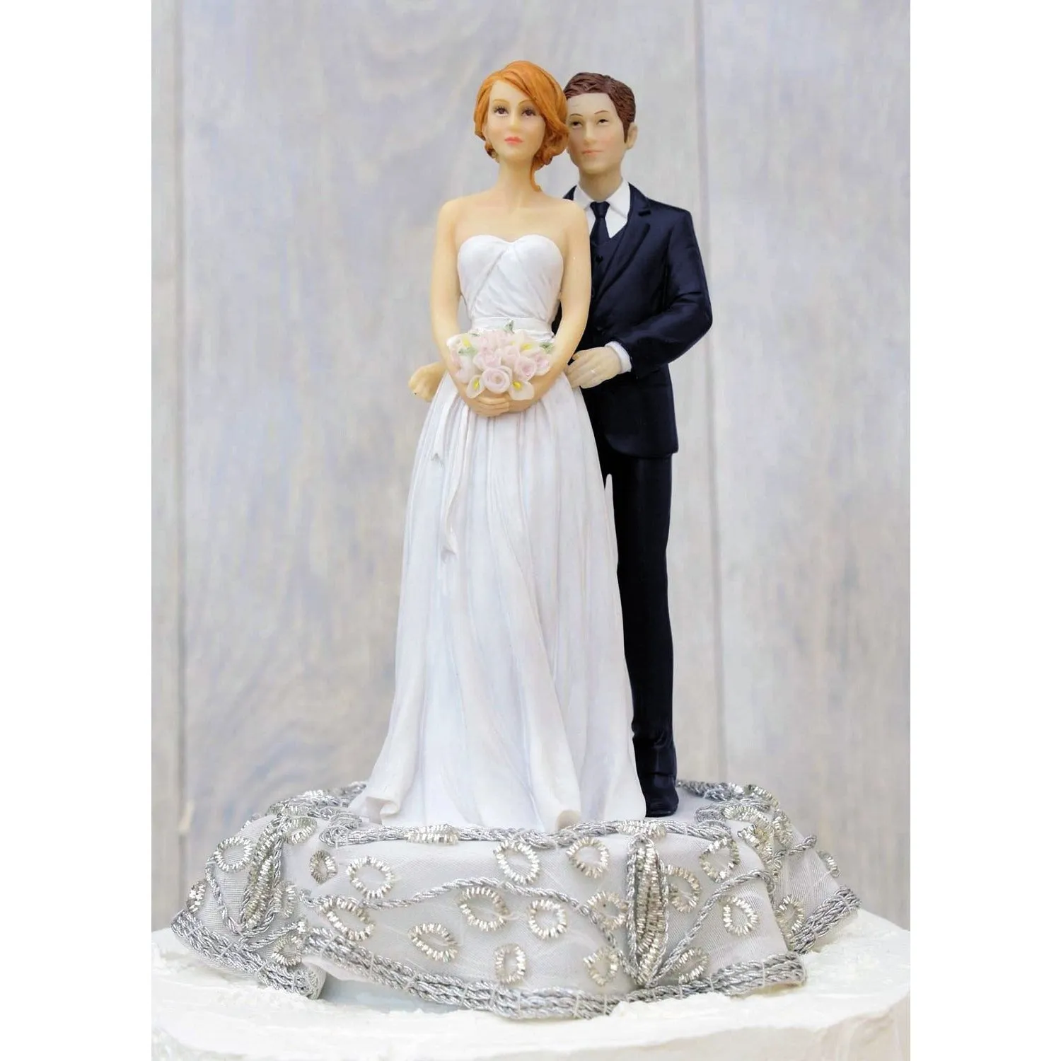 Embroidered Silver Bride and Groom Wedding Cake Topper - Groom in Navy Suit