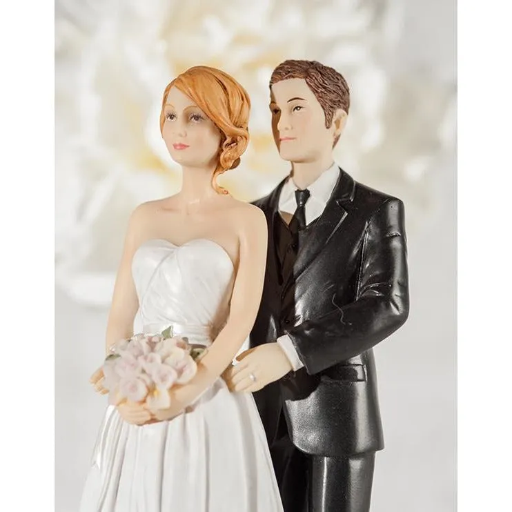 Embroidered Silver Bride and Groom Wedding Cake Topper - Groom in Navy Suit