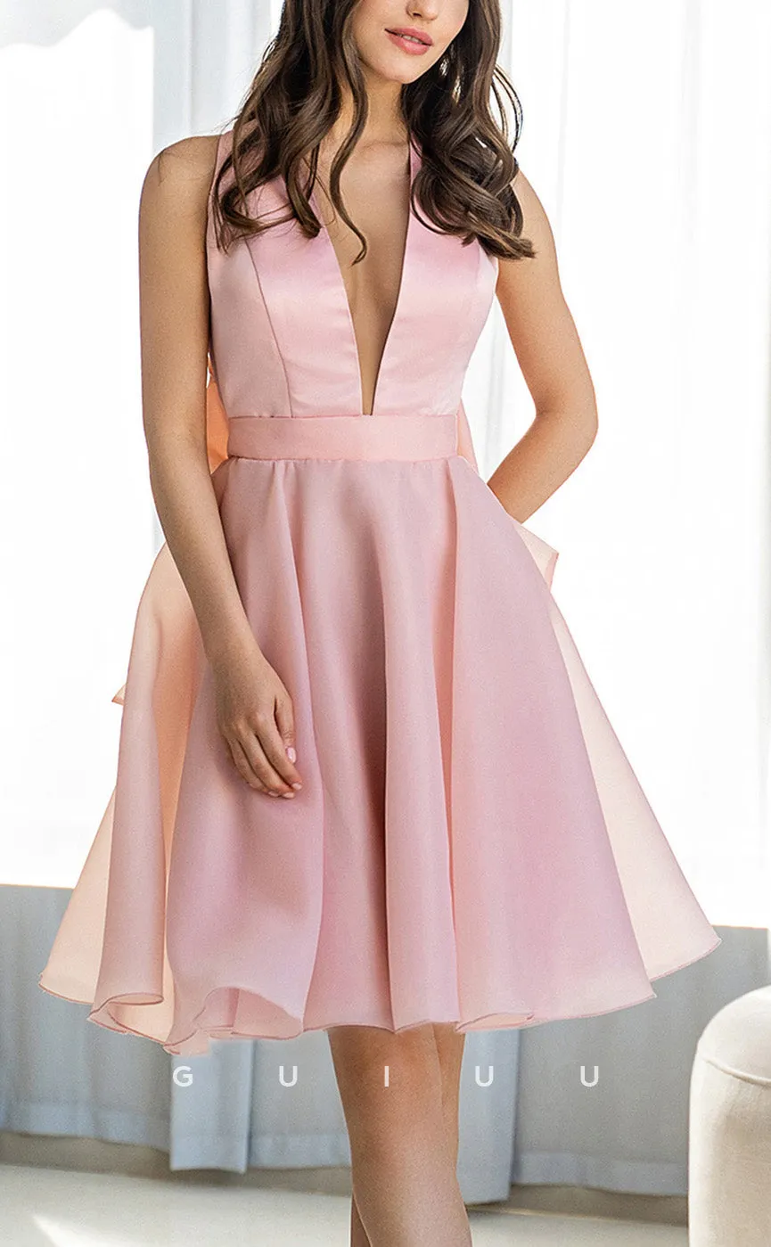 GH588 - Sexy Deep V-Neck A-Line Organza Bowknot Sleeveless Open Back Homecoming Dress
