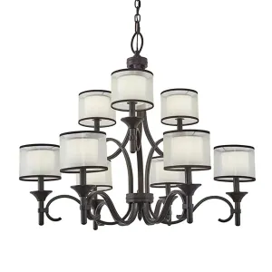 Lacey 34" 9-Light Chandelier Multi-Tier with Clear Satin Etched Glass, Mission Bronze Finish