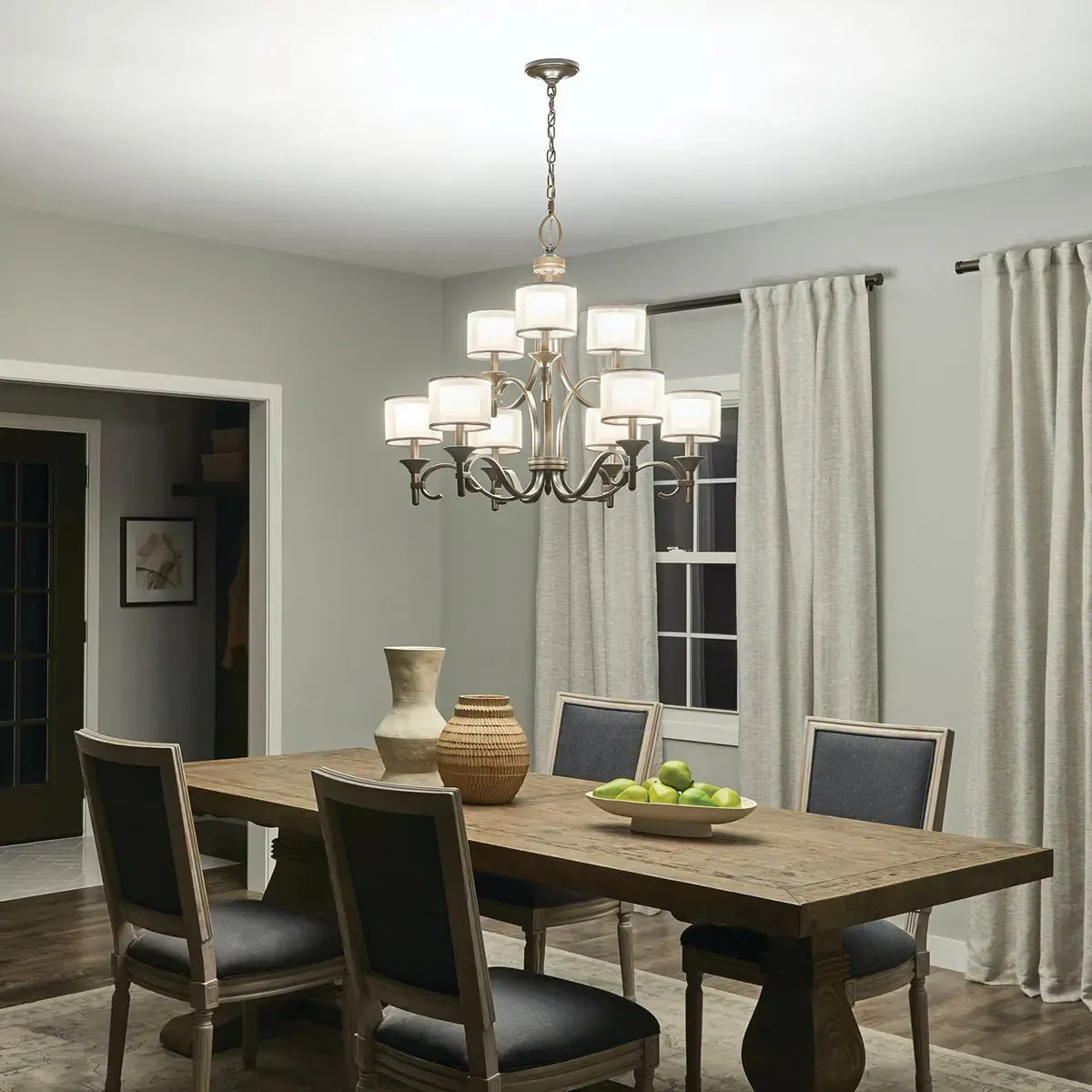 Lacey 34" 9-Light Chandelier Multi-Tier with Clear Satin Etched Glass, Mission Bronze Finish