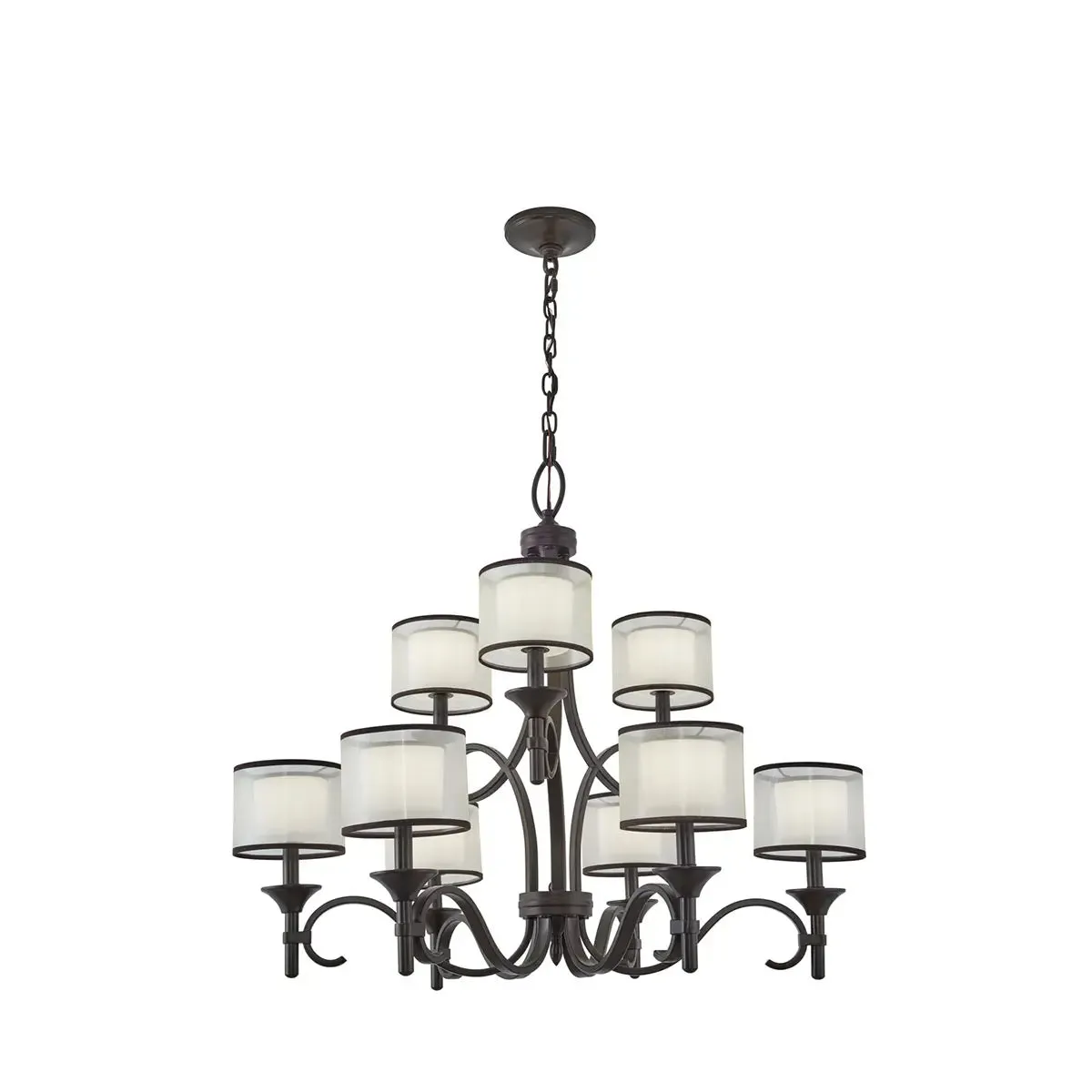 Lacey 34" 9-Light Chandelier Multi-Tier with Clear Satin Etched Glass, Mission Bronze Finish