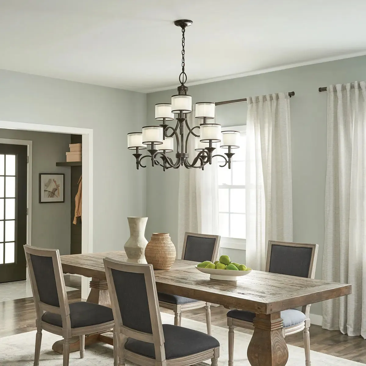Lacey 34" 9-Light Chandelier Multi-Tier with Clear Satin Etched Glass, Mission Bronze Finish