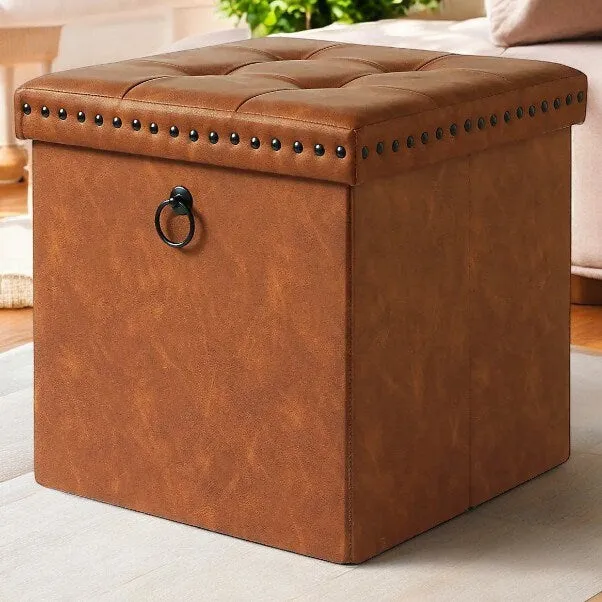 Natural Tan Faux Leather Storage Box With Lid