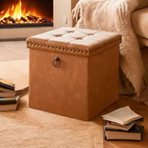 Natural Tan Faux Leather Storage Box With Lid