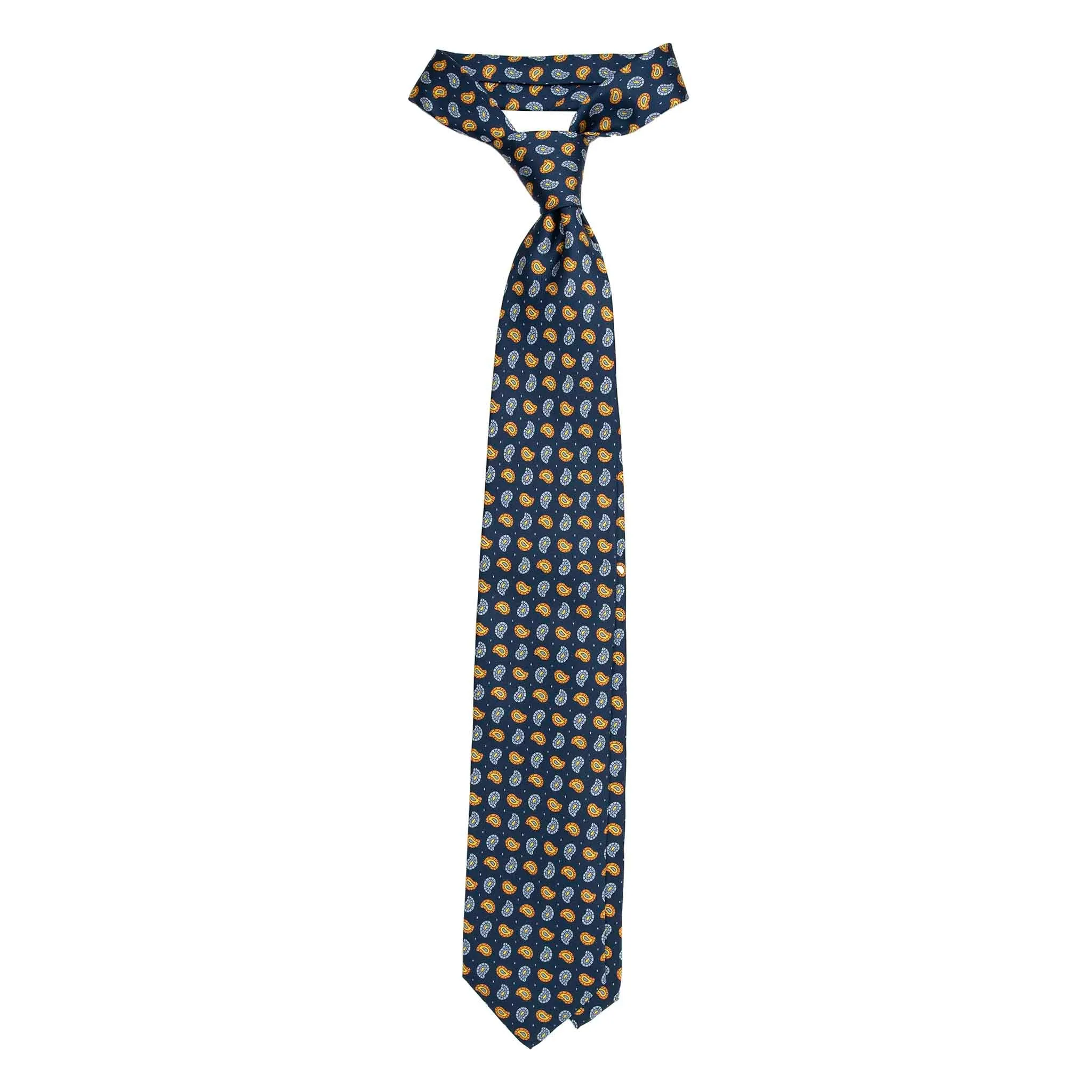 Navy Silk Tie with Orange and Light Blue Paisley Pattern