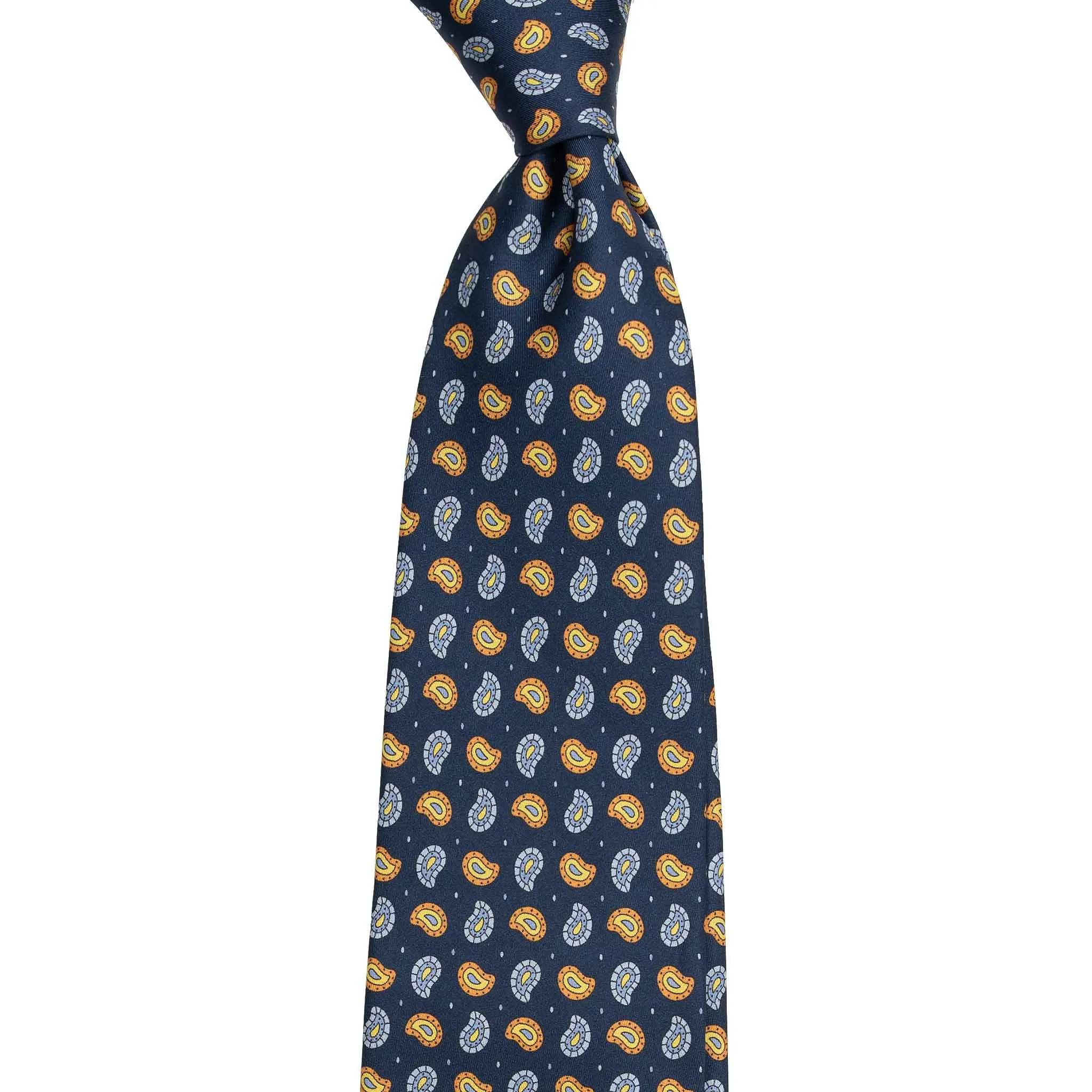 Navy Silk Tie with Orange and Light Blue Paisley Pattern