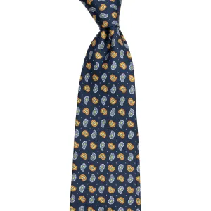 Navy Silk Tie with Orange and Light Blue Paisley Pattern