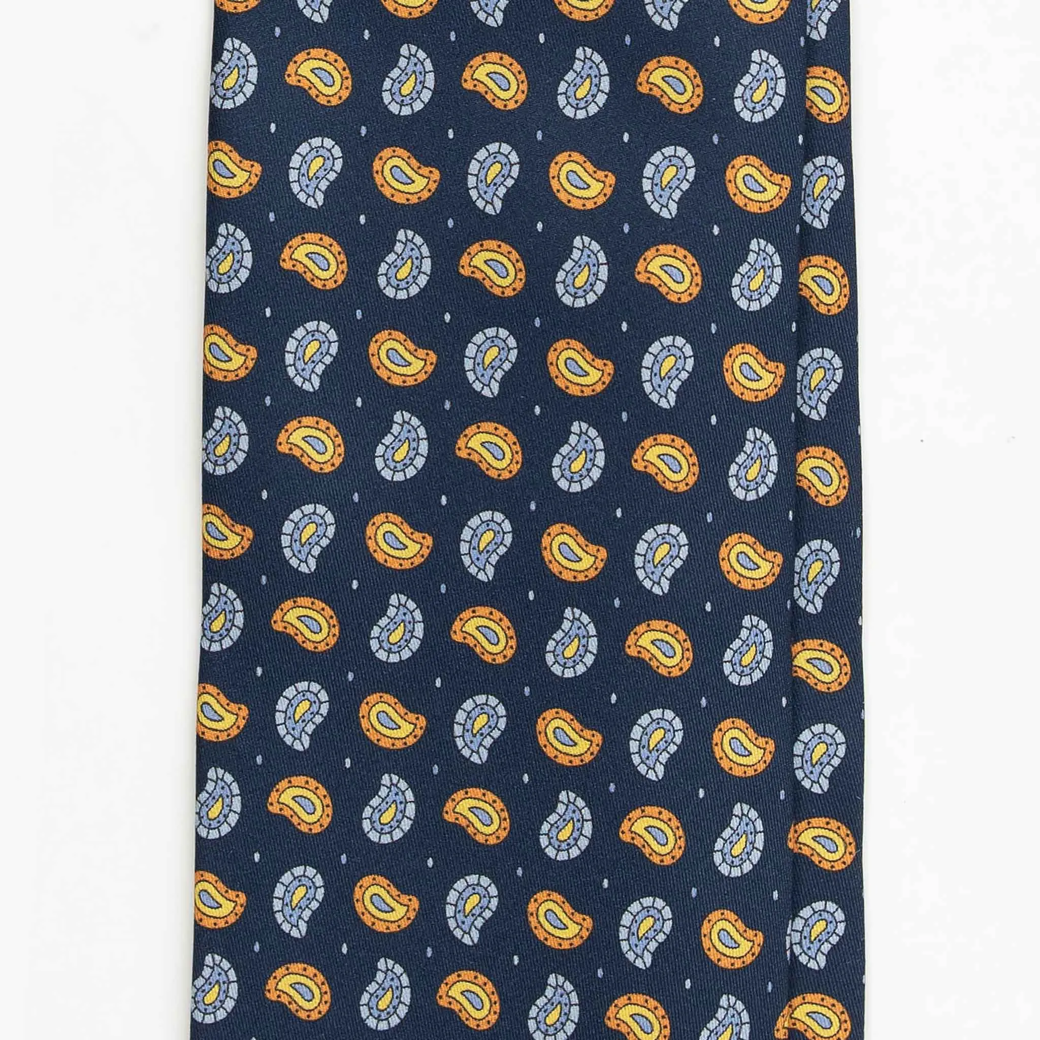 Navy Silk Tie with Orange and Light Blue Paisley Pattern