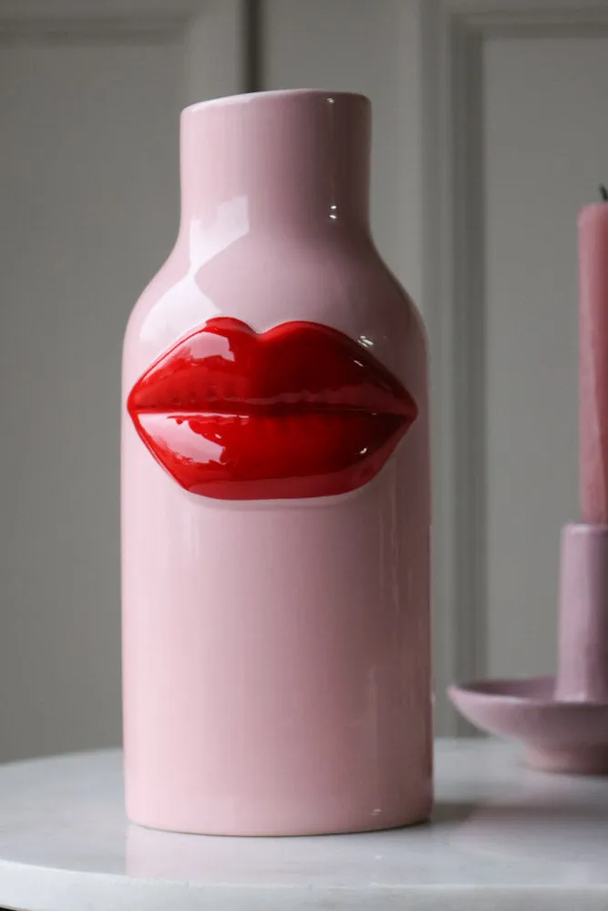 Pink Ceramic Vase With Luscious Red Lips