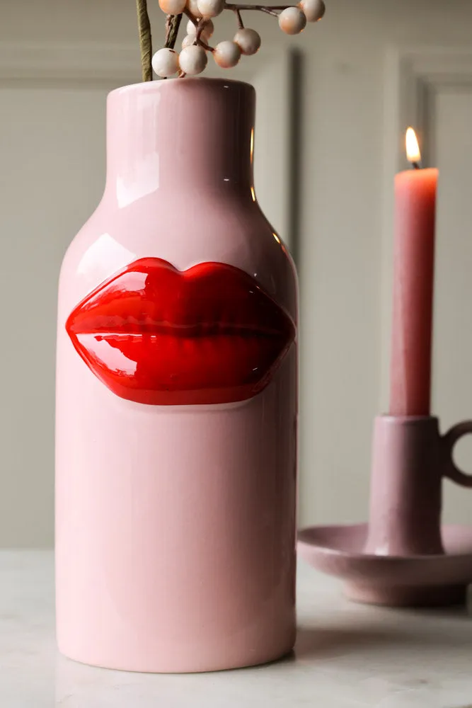 Pink Ceramic Vase With Luscious Red Lips