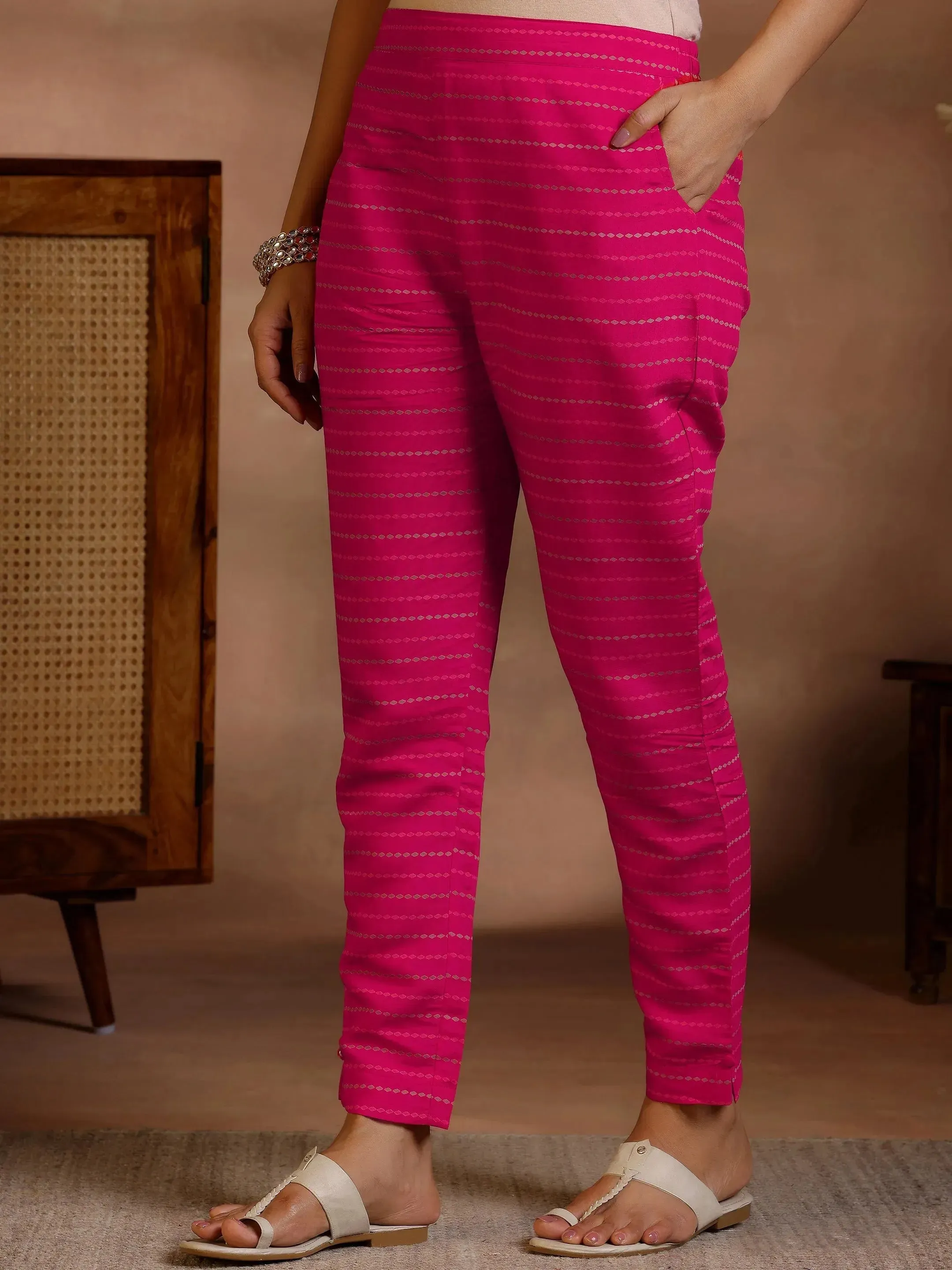 Pink Printed Silk Blend Straight Suits With Dupatta