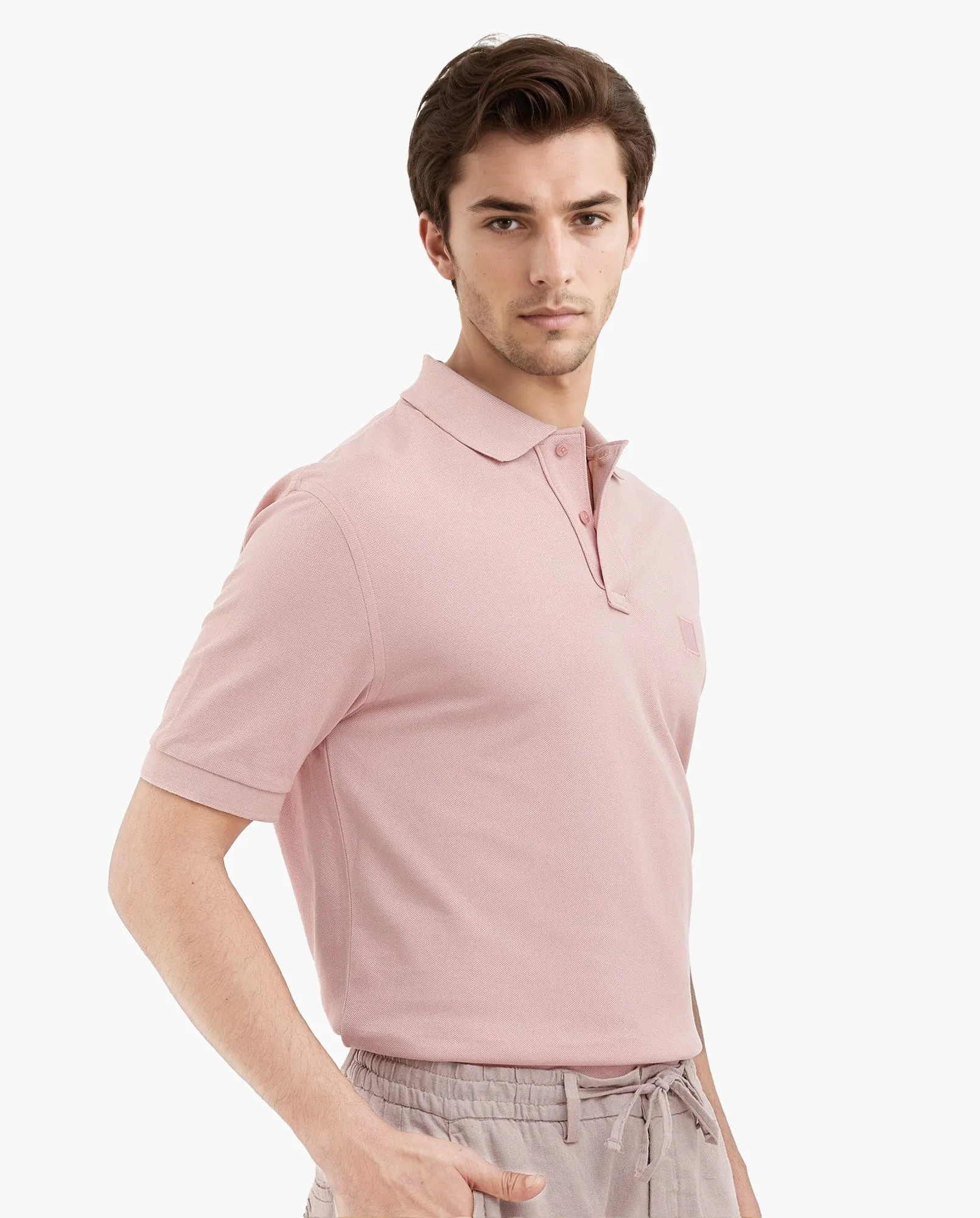 Rare Rabbit Mens Paret-Pastel Pastel Peach Short Sleeve Embroidered Logo Solid Polo T-Shirt