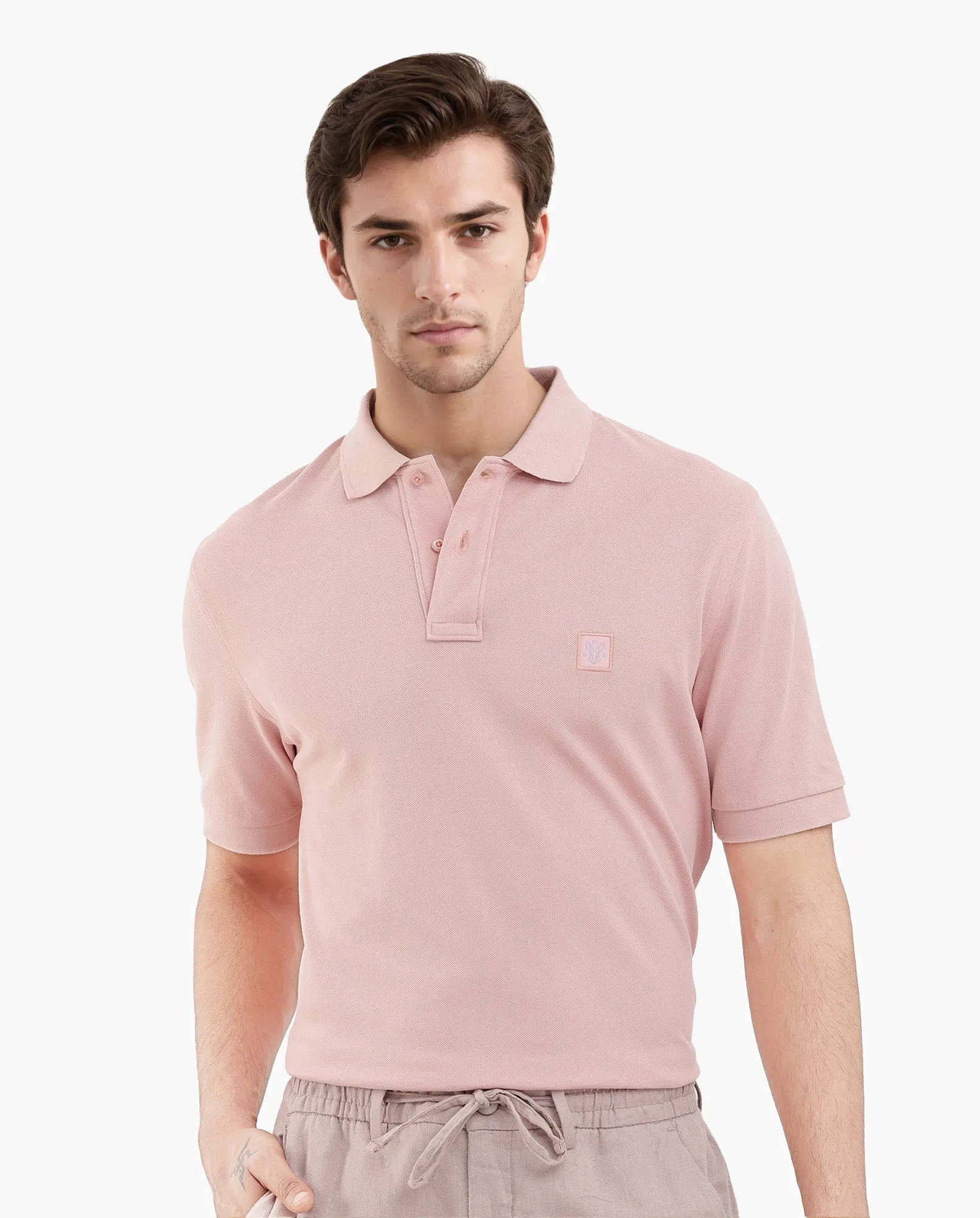 Rare Rabbit Mens Paret-Pastel Pastel Peach Short Sleeve Embroidered Logo Solid Polo T-Shirt