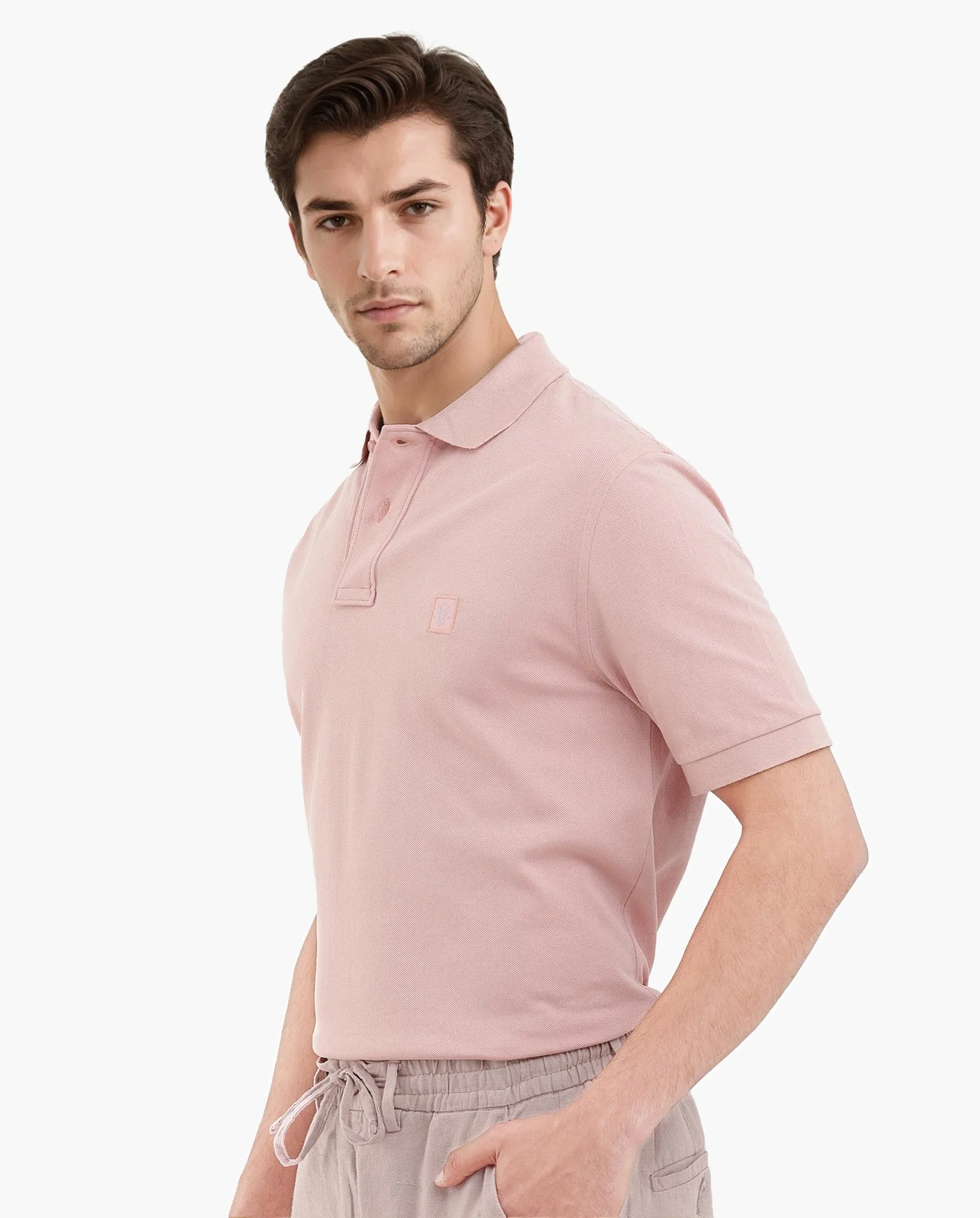 Rare Rabbit Mens Paret-Pastel Pastel Peach Short Sleeve Embroidered Logo Solid Polo T-Shirt