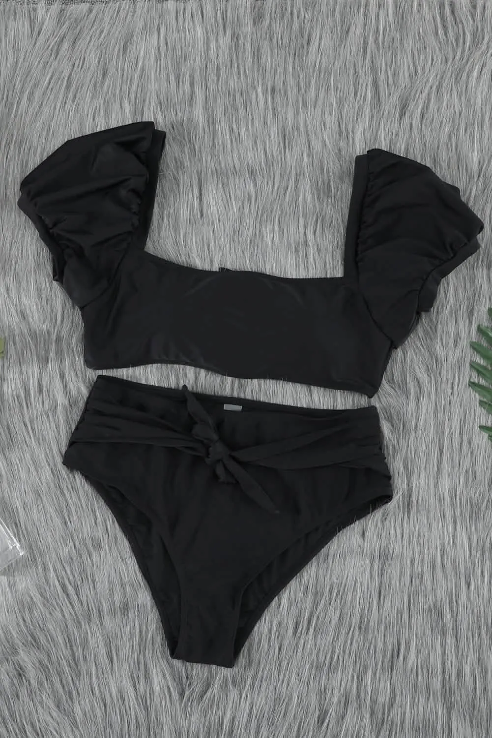 Sophisticated Black High-Waisted Bikini with Romantic Puff Sleeves and Distinctive U-Back Design