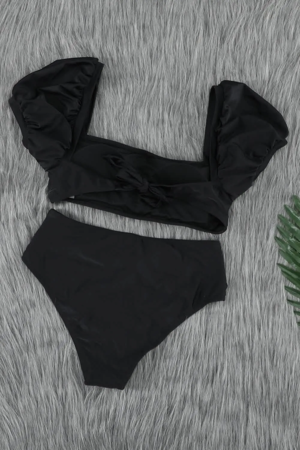 Sophisticated Black High-Waisted Bikini with Romantic Puff Sleeves and Distinctive U-Back Design