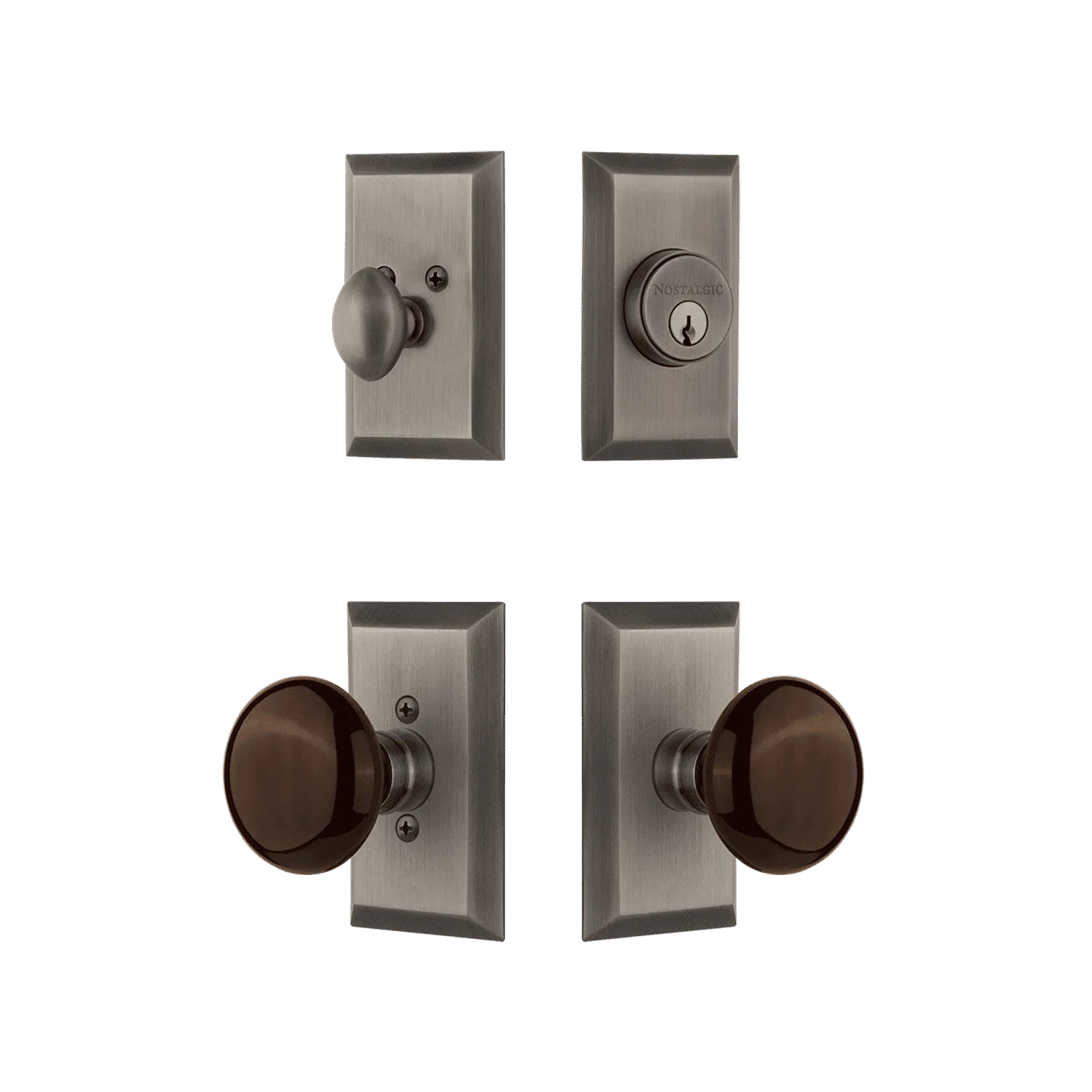 Studio Entry Set with Brown Porcelain Knob in Antique Pewter