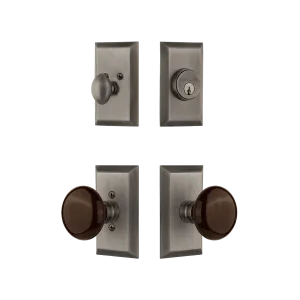 Studio Entry Set with Brown Porcelain Knob in Antique Pewter