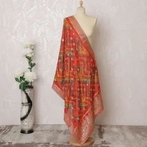 Vibrant Red Geometric Embellished Synthetic Brocade Premium Dupatta 225x80 cm-D19079