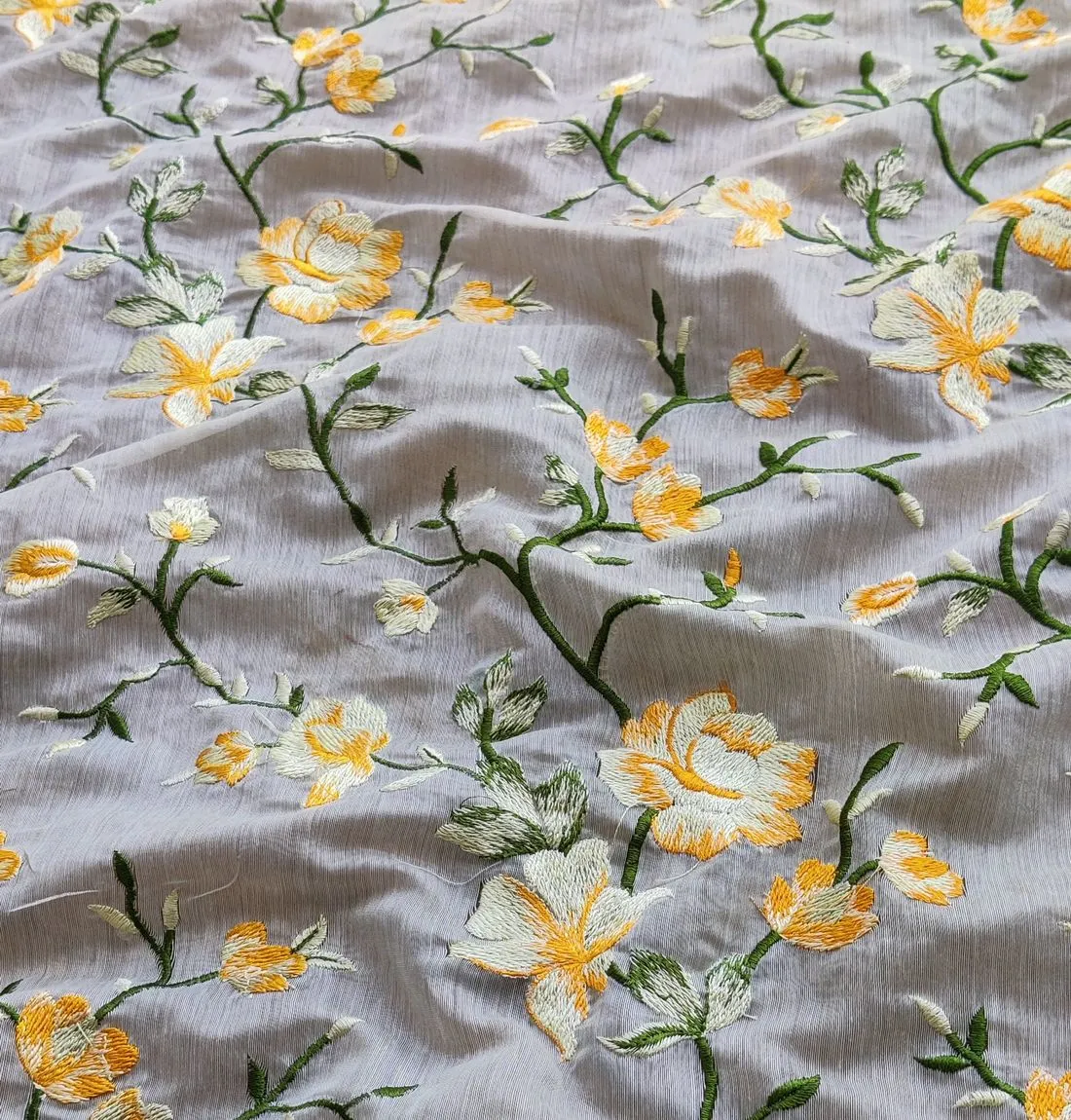Yellow Floral Embroidered Chanderi Fabric (Wholesale)