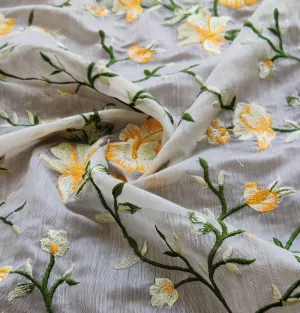 Yellow Floral Embroidered Chanderi Fabric (Wholesale)