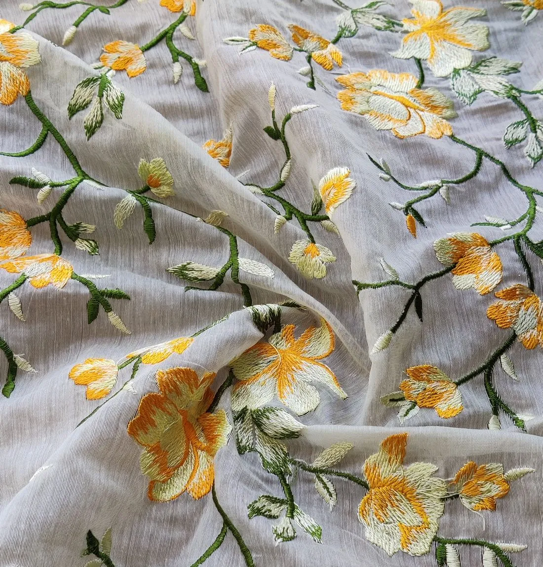 Yellow Floral Embroidered Chanderi Fabric (Wholesale)